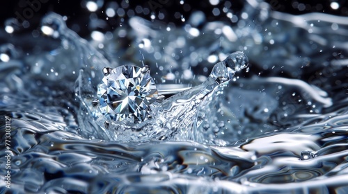 A close-up of a diamond ring immersed in water, surrounded by splashing droplets reflecting light
