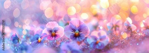 pastel bokeh kawaii background with pansy flowers