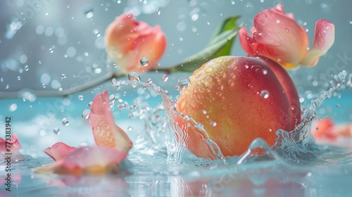 Close-up of a peach with water splashing around it, accentuated by floating petals