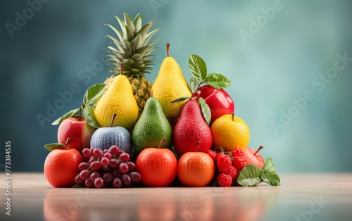 A colorful assortment of fruits piled high on a wooden table