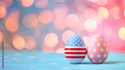 Two easter eggs look like american flag against bokeh background