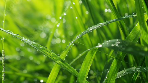 Zbliżenie na wiosenną trawę pokrywą drobnymi kroplami wody © Kumulugma