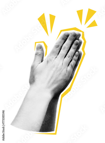 Collage element of clapping hands. Halftone applauding hands gesture. Cut out of magazine shapes. Success, appreciation, celebration. Grunge modern retro vector illustration on transparent background