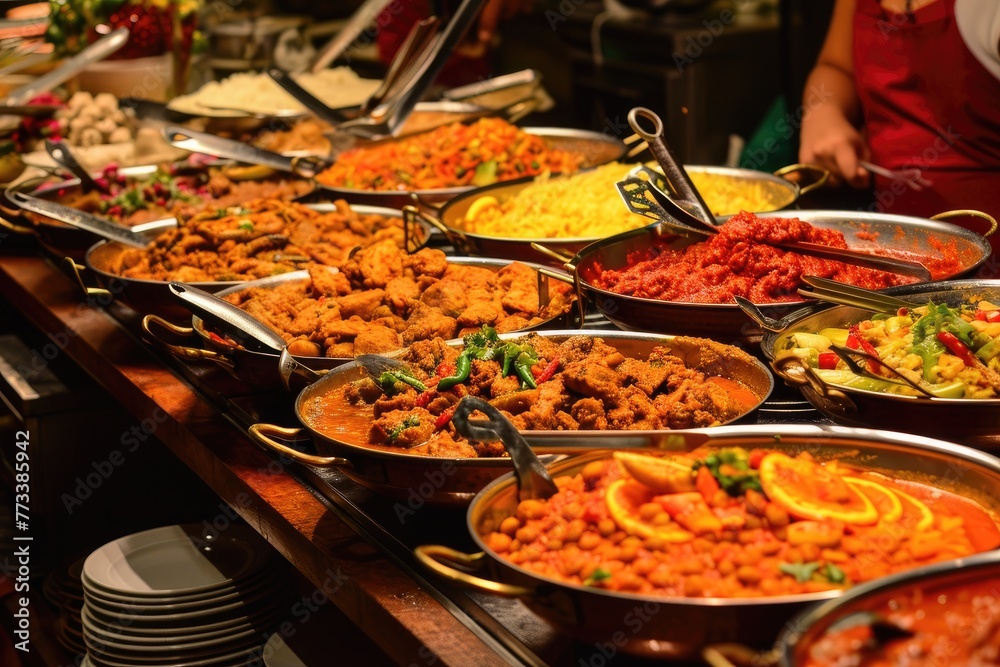 Indian food display with a variety of flavorful and aromatic cuisine, Indian cuisine spread showcasing an array of rich flavors and enticing aromas.