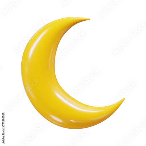 3d yellow crescent moon symbol. Yellow metallic moon with light and shadow for muslim holiday on isolated background. Vector illustration. 