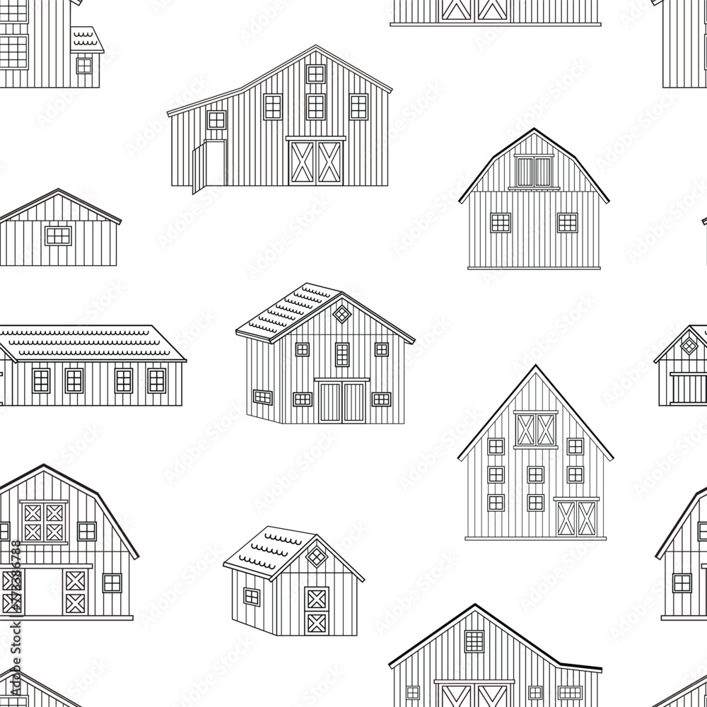 Seamless pattern of outline barns. Black white outline texture of wooden houses on white background