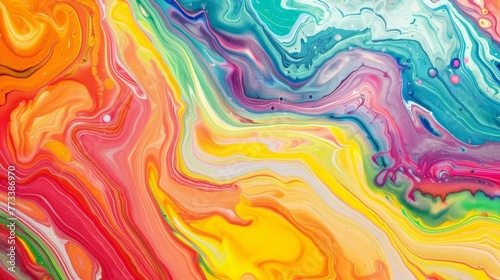 Abstract marbled acrylic paint waves in bold rainbow colors, artistic background banner