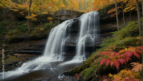 waterfall in the forest, waterfall in autumn forest, waterfall in autumn