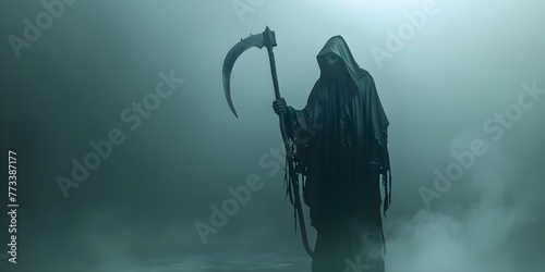 A tall Necrolyte in a black cloak with spikes holding a scythe exudes a sinister presence. Concept Dark Fantasy, Necromancer, Sinister Aura, Spiked Cloak, Scythe Pose © Anastasiia