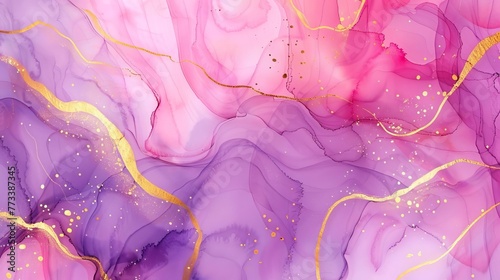Abstract pink purple watercolor background with golden lines, fluid marbled texture illustration