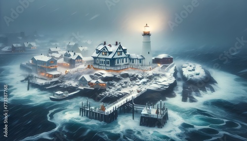 Seaside New England Town during Snowstorm photo