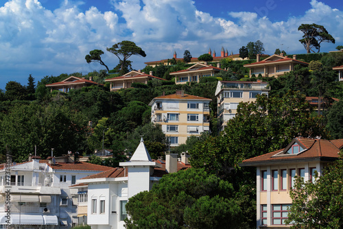 Beautiful houses and city streets of the southern city with green plants, public place in Turkey, on a summer sunny day © Kozlik_mozlik