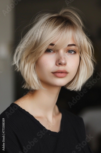 the hairstyle depicted is a soft-looking blonde short bob,  smooth looking blonde hair.  Short haircut style, blonde woman photo