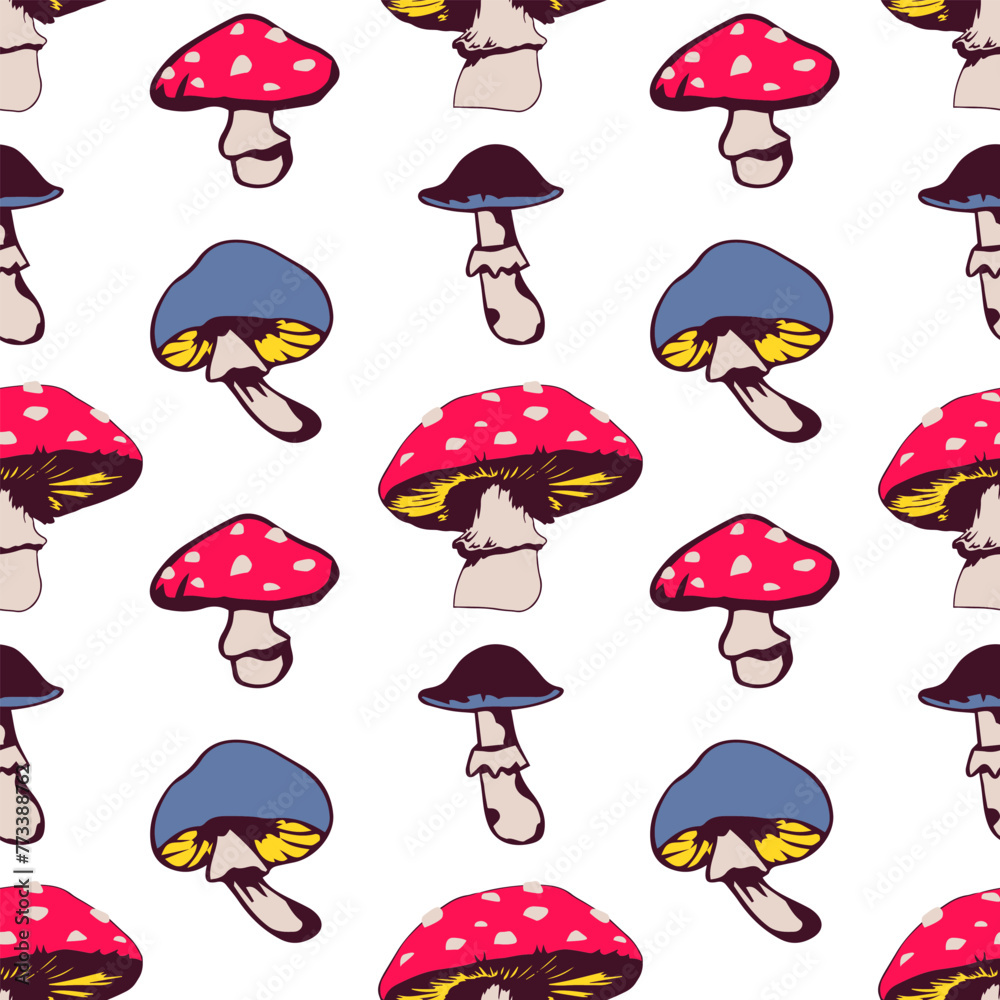 Poisonous bright mushrooms seamless pattern. Vector endless ornament. Poisonous bright mushrooms seamless pattern. Vector endless ornament.