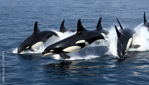 A Pod Of Killer Whales Hunting Together In The Ope © Haider