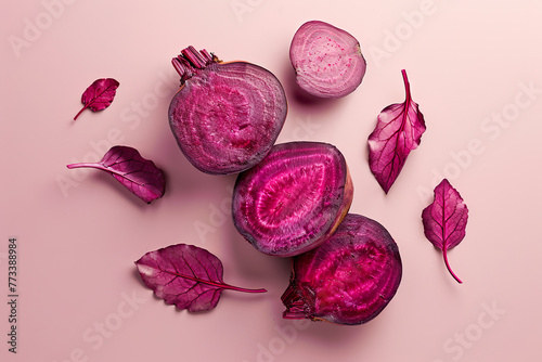 Vibrant Beetroot Slices and Leaves on Pastel Pink Background photo