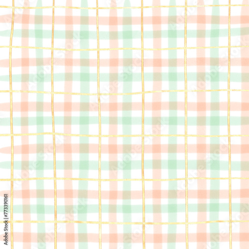 Gold Orange Green Plaid Gingham Check Hand Drawn Background Overlay