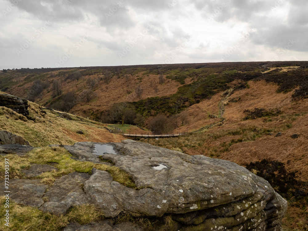 Fields, hills, mountains and a large rock in the foreground. Yorkshire moors. Wild and bleak. Rocky hill top scenic view at dusk Fields, hills, mountains and a large rock in the foreground. Yorkshire moors. Wild and bleak. Rocky hill top scenic view at dusk