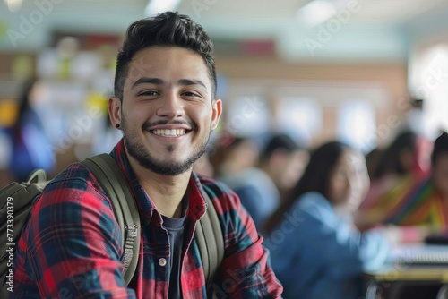 Smiling Latino male college student in classroom  copy space  education concept photo