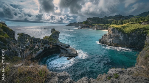 A rugged coastline panorama showcasing dramatic cliffs, hidden coves, and crashing turquoise waves under a vast, cloud-filled sky