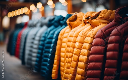 A row of colorful jackets hanging neatly on a metal rack in a store photo