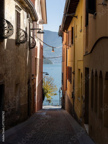 Tavernola Bergamasca, Bergamo, Italy. View of the street of the village. Town overlooking Lake Iseo