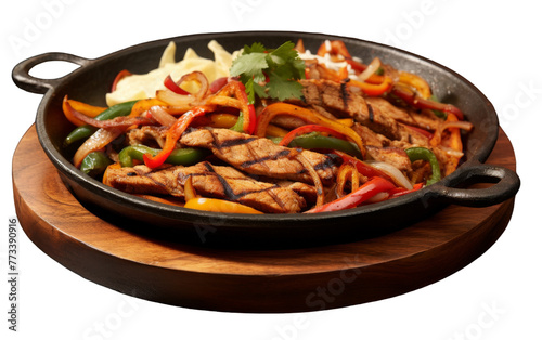 A pan filled with assorted meats and vibrant vegetables sits atop a rustic wooden cutting board