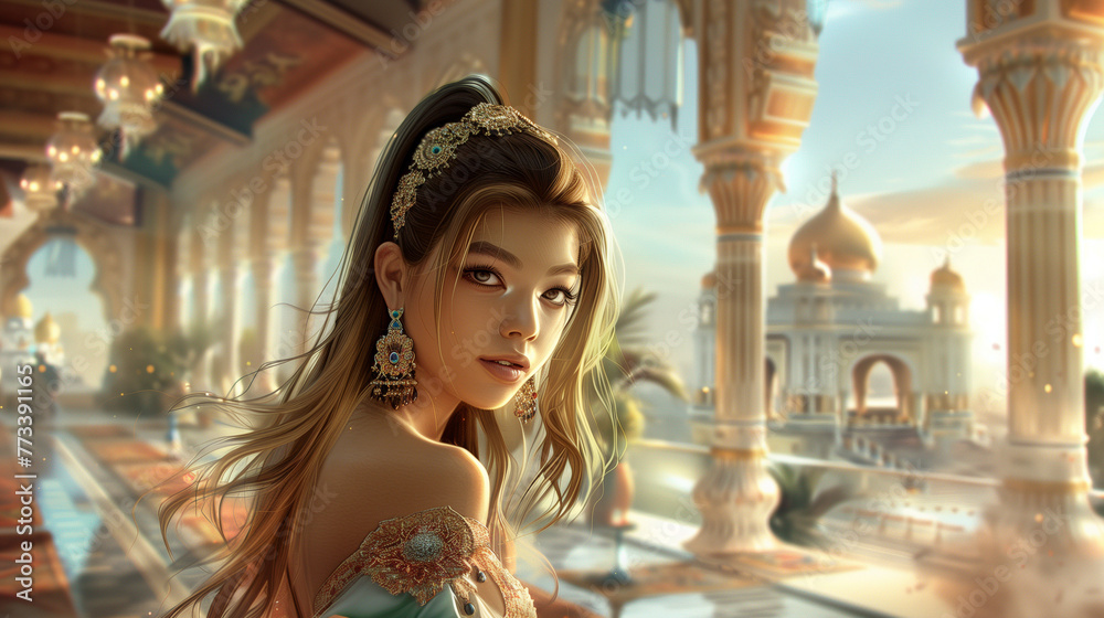 In this fantasy artwork, a young woman with brown hair tied in a long ponytail stands within a grand palace corridor, with a mosque visible in the background.