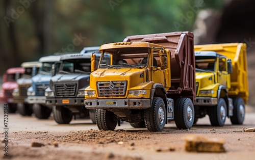 A lineup of powerful dump trucks parked neatly, showcasing their massive size and industrial strength © zainab