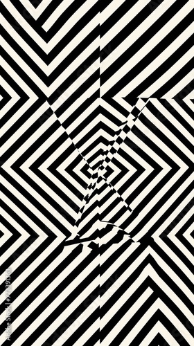 Op art inspired geometric pattern, black and white, creating optical illusions