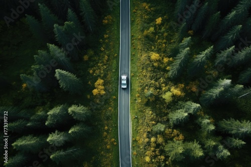 Aerial view of a single car driving along the curvy road going through a forest and mountains  top view of a car driving on the road in the forest  AI generated