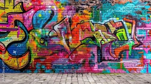 Colorful Graffiti Art Mural on Urban Brick Wall, Street Art Culture, Vibrant Spray Paint Design, Digital Illustration © Jelena