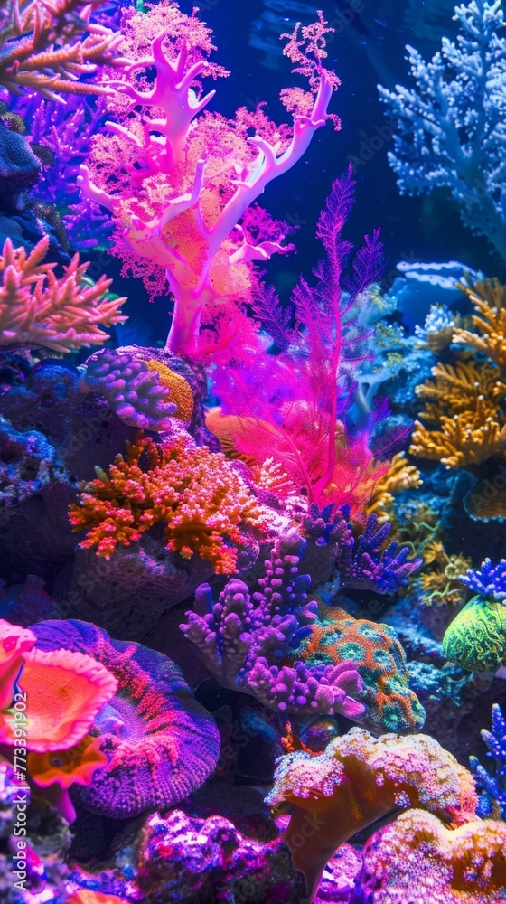 Fototapeta premium Surreal underwater scene, coral reefs in psychedelic colors