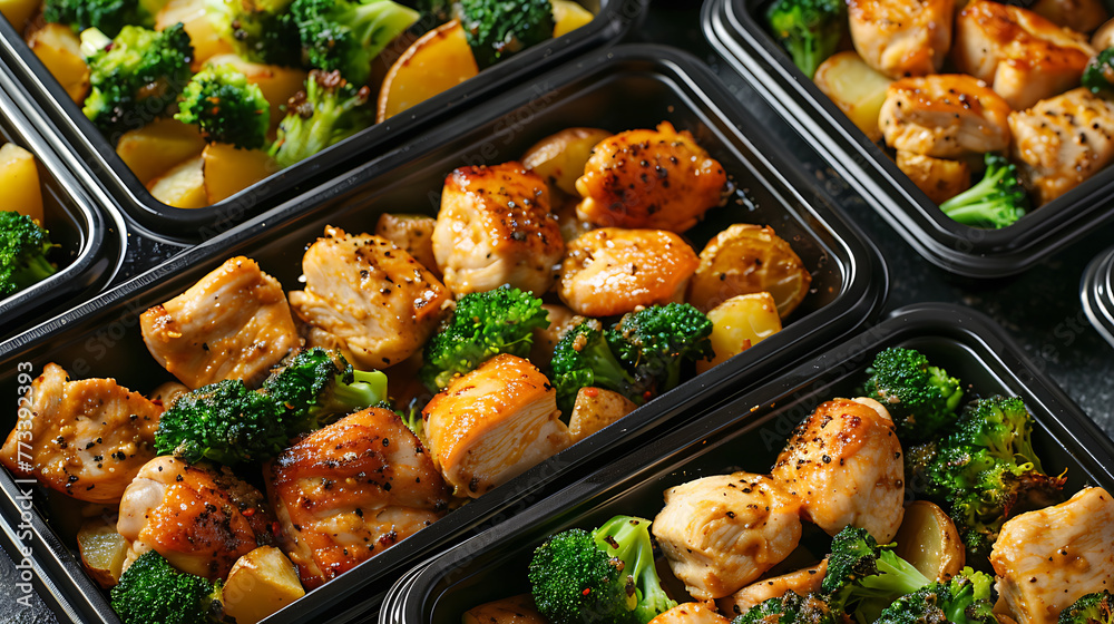 Tasty chicken fillets with vegetables in plastic boxes, closeup
