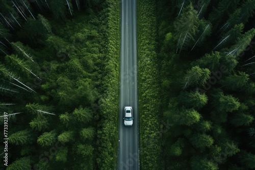 Aerial view of a single car driving along the curvy road going through a forest and mountains  top view of a car driving on the road in the forest  AI generated