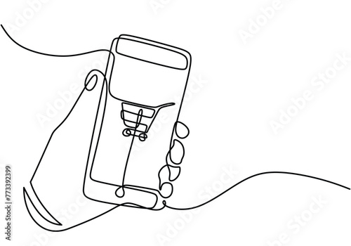 Single one line drawing of online shopping with shopping cart image