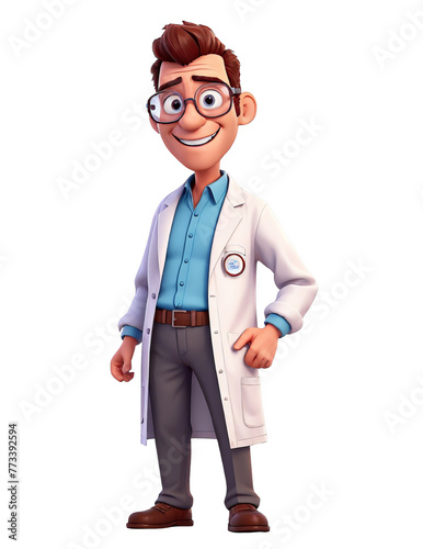 A cartoonish man in a white lab coat with glasses and a blue shirt. isolated on white background cutout