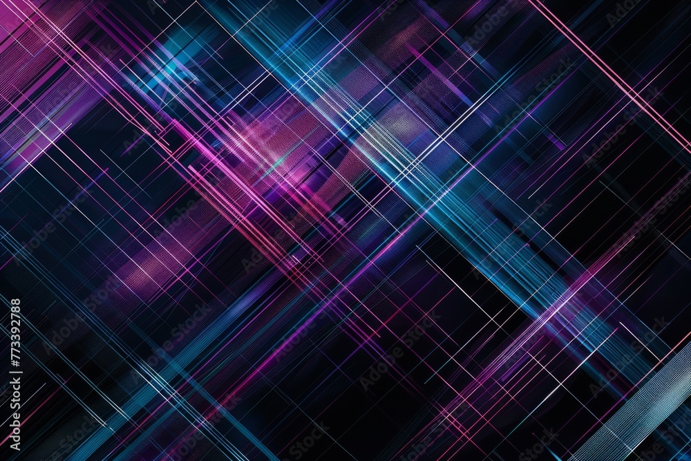 Black background with white, blue and purple lines, in the style of cyberpunk Generative AI