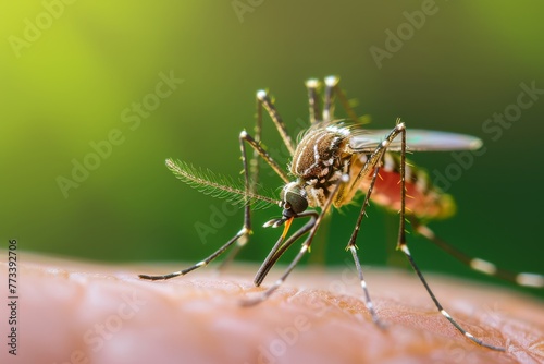 Close-up of a mosquito on human skin. Zika fever risk disease mosquitoes background alert. Dengue and malaria driver. Mosquitoes alert