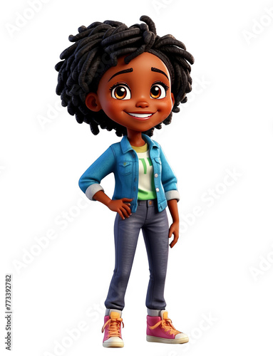 A young girl with curly hair and a blue jacket is smiling. isolated on white background cutout