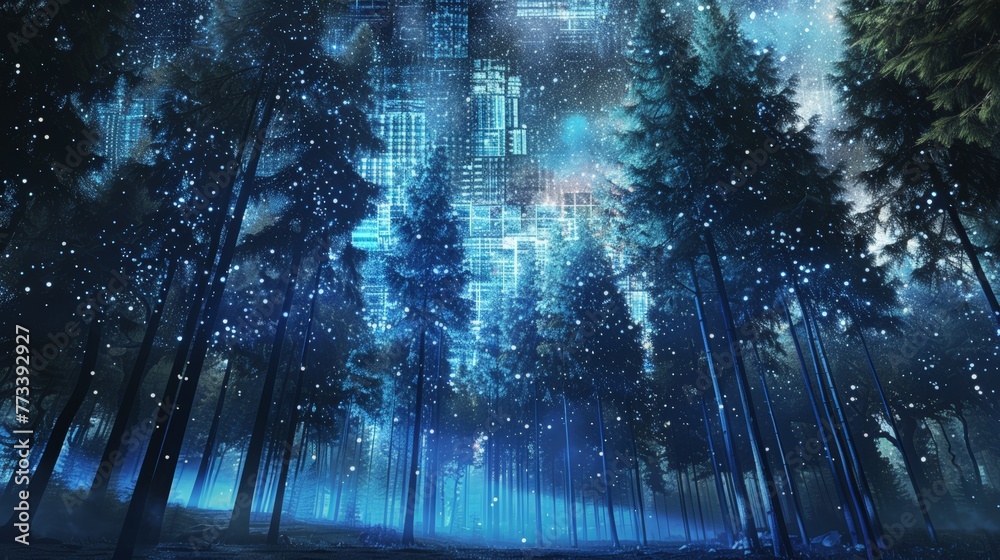 A digital forest landscape with pixelated trees