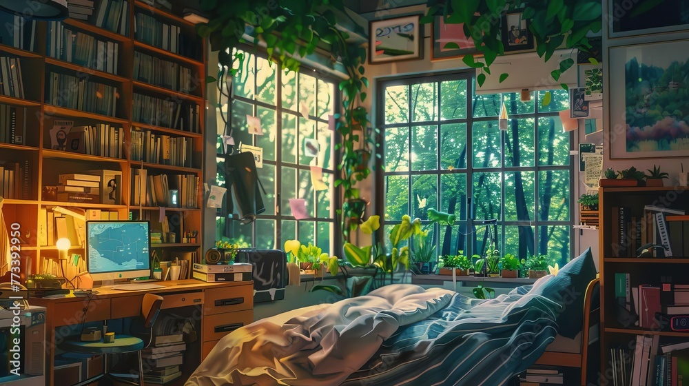 Cozy lofi bedroom interior with messy desk, window view of lush forest ...