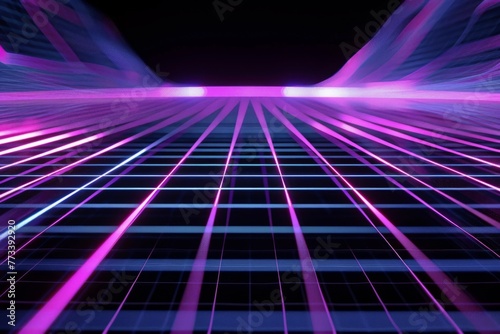 the style of minimalist line work with a black background and purple and blue neon lines in a 3d rendered glitch art style with a grid effect Generative AI photo