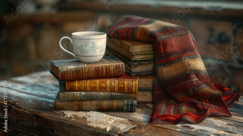 Vintage books with coffee mug on rustic wooden table.