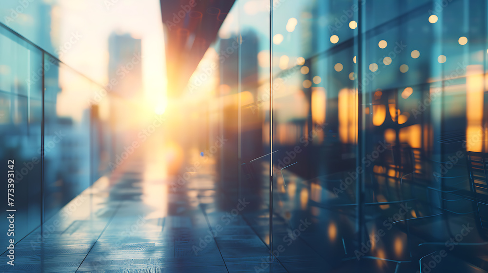 Fototapeta premium Cityscape of modern office building with glass windows and sunlight at sunset