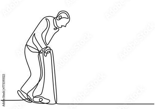 Continuous one line drawing of old man walking with a cane