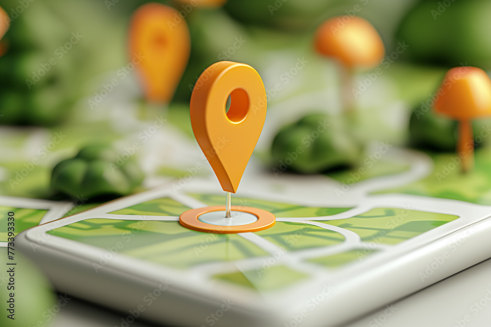 A large, orange map pin towers over a grid of streets on a digital map, symbolizing the pinpointing of a specific location. Navigation and location - obrazy, fototapety, plakaty 