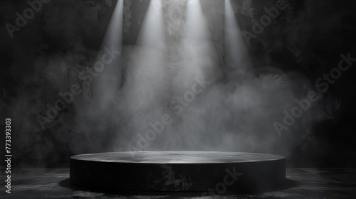 Dark black podium display with smoky fog and dramatic spotlights, abstract product showcase background, digital stage rendering photo