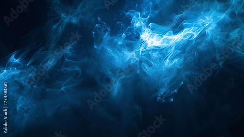 Dark blue abstract background with neon light rays and floating smoke, moody product display wallpaper