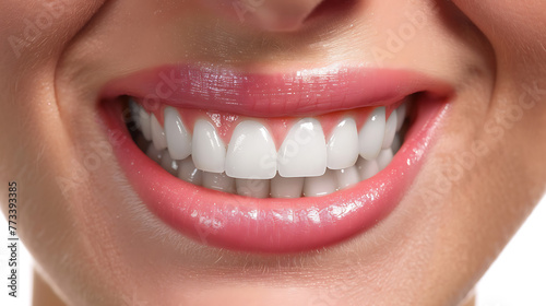 Close-up of young woman with healthy white teeth, isolated on white